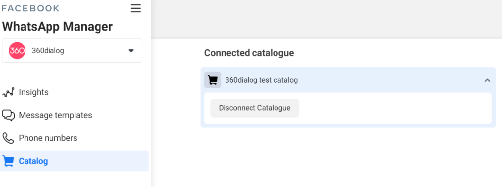 How to sell on WhatsApp in 2023 - Ultimate guide for commerce WhatsApp Business API users Image of connecting a catalog via 360dialog in Business Manager.
